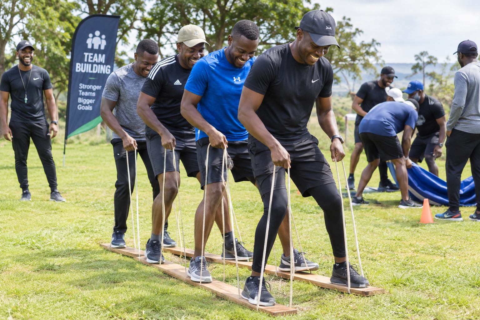 Men in sportswear taking part in a team-building activity