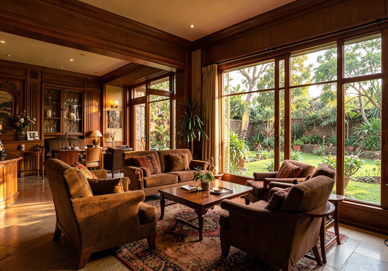 Warm hotel lounge with garden view